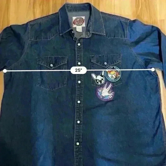 Cowboy Work Wear Denim Pearl Snap Shirt Men Size XXL Blue Long Sleeve PATCHES - Picture 7 of 8